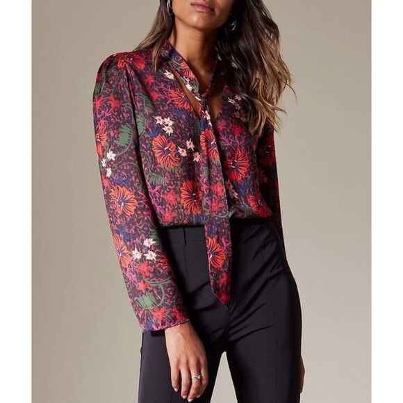 Karen Millen Blouse Womens 4 Floral Multicolor Sash Tie - Picture 1 of 7